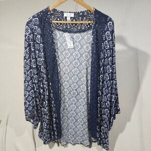 Dressbarn Women 2X Navy Blue White Medallion Lace Trim Kimono Cardigan NWT